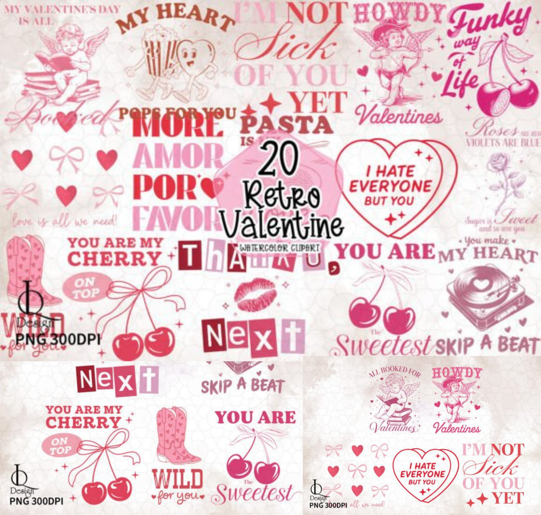 Retro Valentine Bundle Clipart PNG